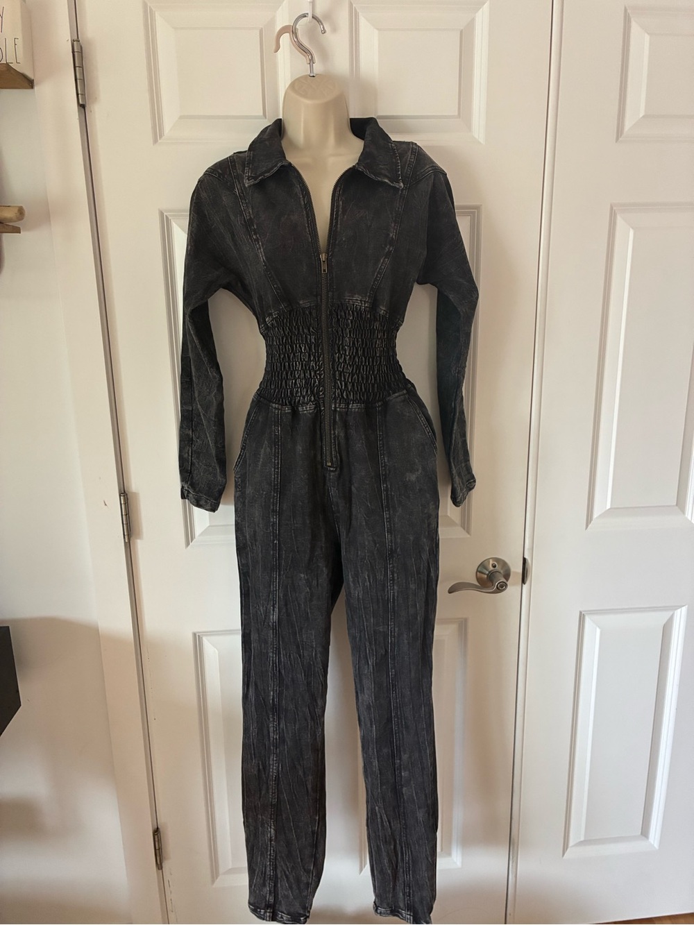 Smocked Waist Black Denim Jumpsuit - Women Jeans Size S (brand new)